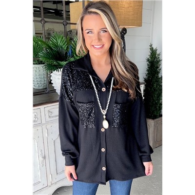 Black Sequin Patch Chest Pocket Corded Shacket