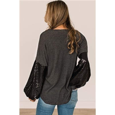 Black Plus Size Sequin Bubble Sleeve V Neck Knit Top