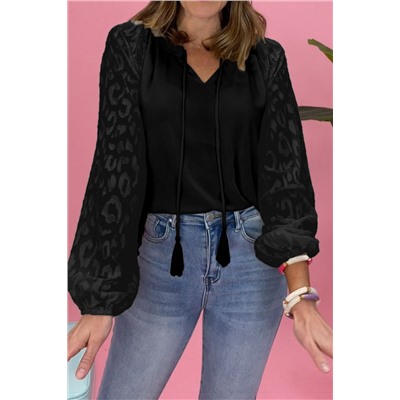 Black Leopard Mesh Bubble Sleeve Split Neck Blouse