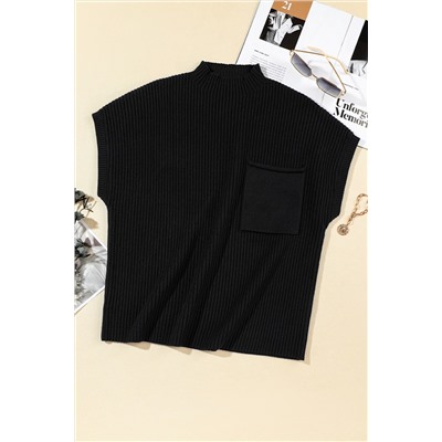 Black Patch Pocket Ribbed Knit Short Sleeve Sweater