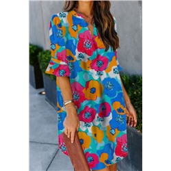 Голубое платье-блузон с цветочным принтом и рюшами на рукавах