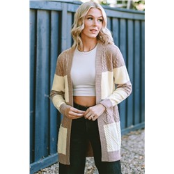 Parchment Color Block Textured Knit Open Front Cardigan