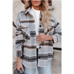 Gray Plaid Print Pocketed Shirt Jacket