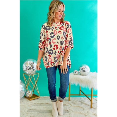 White Colorful Leopard Print Batwing Sleeve Plus Blouse