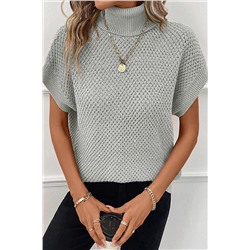 Light Grey Turtleneck Textured Short Sleeve Sweater