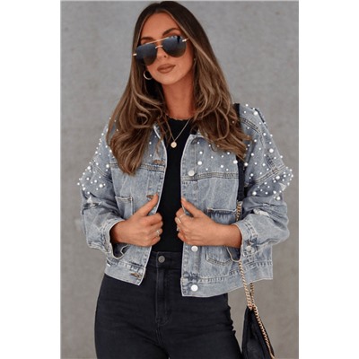 Sky Blue Distressed Pearls Star Cropped Denim Jacket