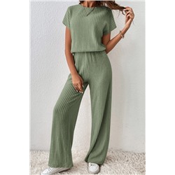 Grass Green Solid Color Ribbed Short Sleeve Wide Leg Jumpsuit