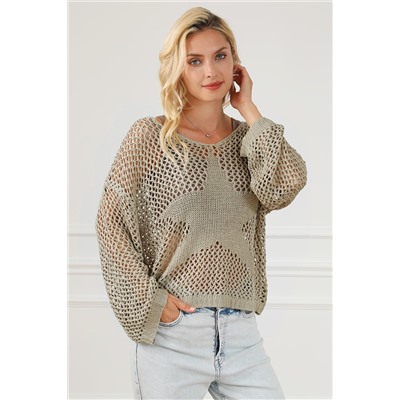 Light French Beige Star Pointelle Knit Baggy Sweater