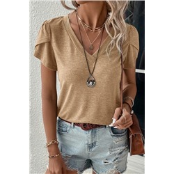 Pale Khaki Fashion Petal Sleeve V Neck T Shirt