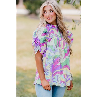 Green Abstract Print Bubble Sleeve Smock Detail Blouse