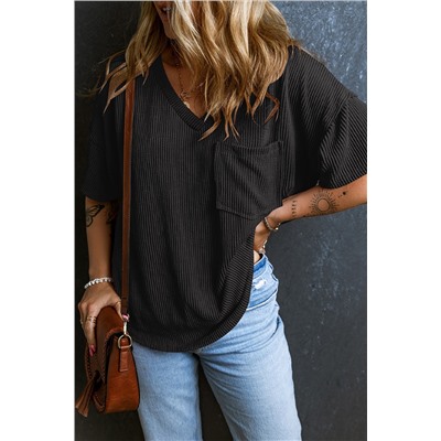 Black Corded V Neck Chest Pocket Loose T-shirt