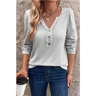 Light Grey Frilly Notched Neck Button Detail Long Sleeve Top