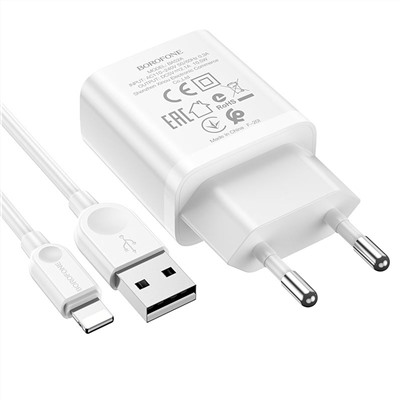 Адаптер Сетевой с кабелем Borofone BA52A Gamble USB 2,1A/10W (USB/Lightning) (white)