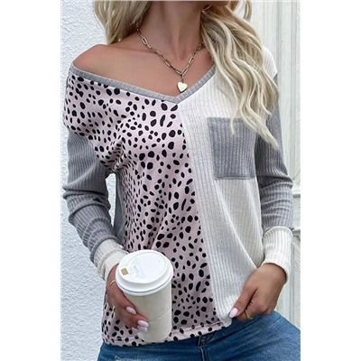 Leopard Patchwork Ribbed Color Block V Neck Top