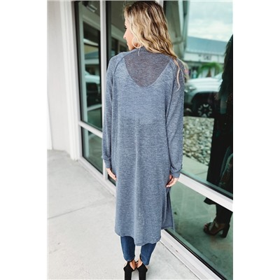 Blue Slub Knit Pocketed Open Front Maxi Cardigan