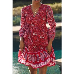 Красное платье мини с V-образным вырезом в стиле Бохо