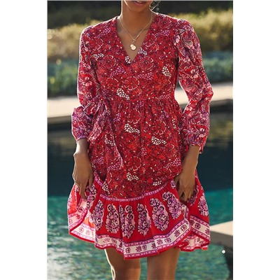 Красное платье мини с V-образным вырезом в стиле Бохо