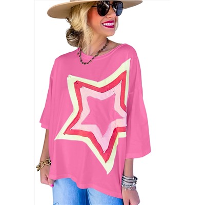 Bonbon Colorblock Star Patched Half Sleeve Oversized Tee