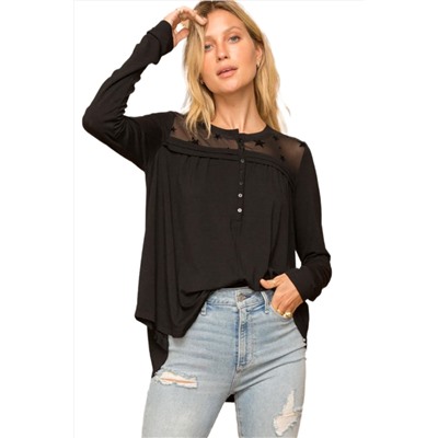 Black Star Mesh Yoke Draped Detail Blouse