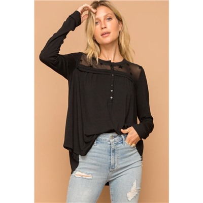 Black Star Mesh Yoke Draped Detail Blouse