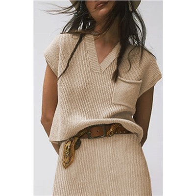 Apricot Chest Pocket V Neck Ribbed Cap Sleeve Sweater