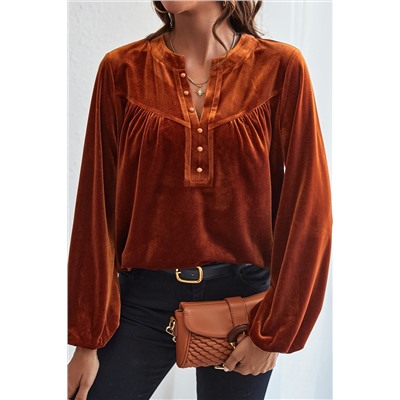 Gold Flame Lantern Sleeve Beaded Split V Neck Velvet Top