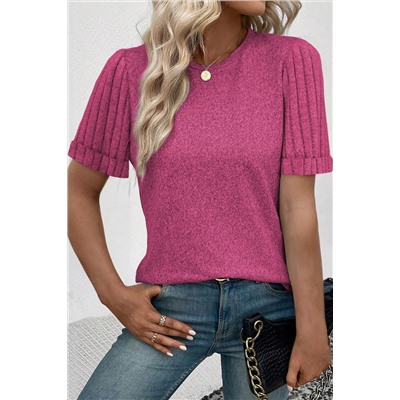 Bright Pink Ribbed Splicing Sleeve Round Neck T-shirt