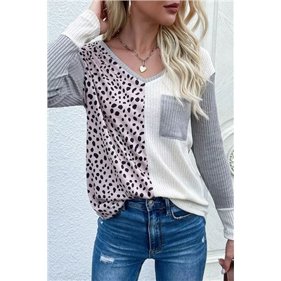 Leopard Patchwork Ribbed Color Block V Neck Top