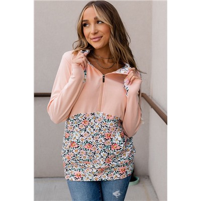 Pink Floral Patch Half Zip Kangaroo Pocket Hoodie