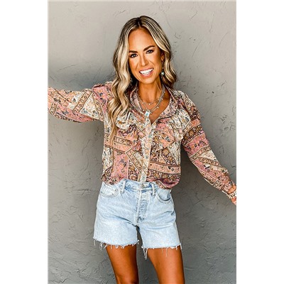 Multicolour Ruffle Trim Boho Printed Shirt