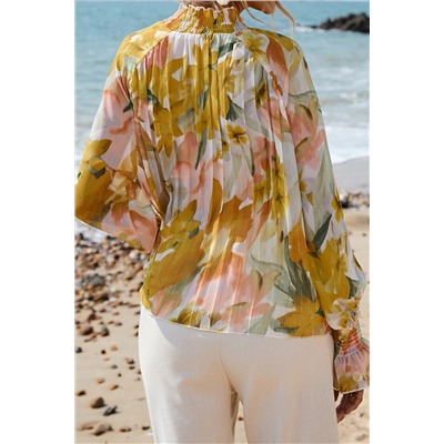 Yellow Floral Print Flounce Sleeve Mock Neck Blouse