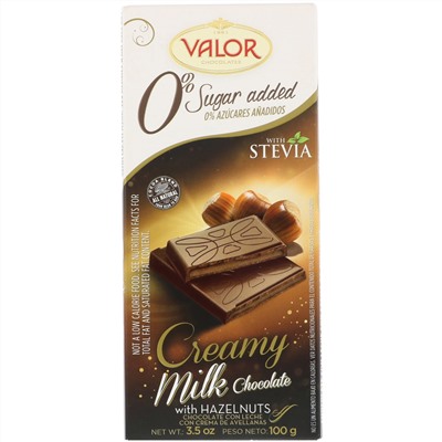 Valor, 0% добавленного сахара, сливочный молочный шоколад с лесным орехом, 3,5 унции (100 г)