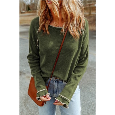 Green Textured Round Neck Long Sleeve Top