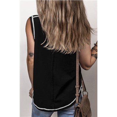 Black Contrast Stitching Exposed Seam Henley Tank Top