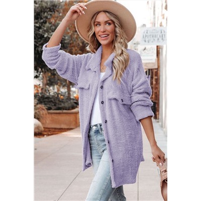 Purple Plush Button Down Pocketed Shirt Jacket