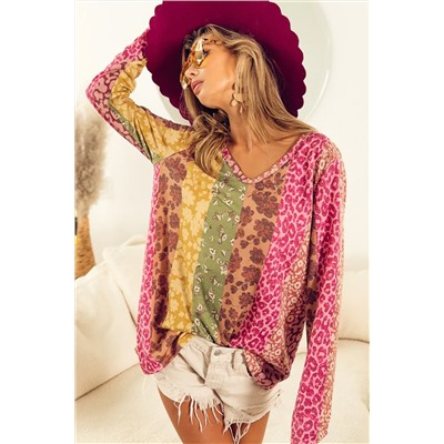 Multicolor Floral Leopard Mixed Print V Neck Long Sleeve Tee