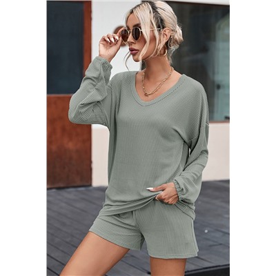 Grass Green Corded V Neck Slouchy Top Pocketed Shorts Set