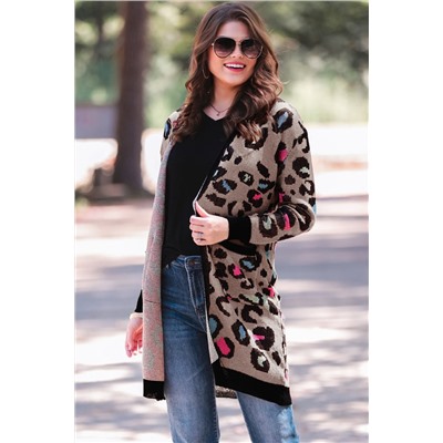 Leopard Contrast Trim Pocketed Open Cardigan