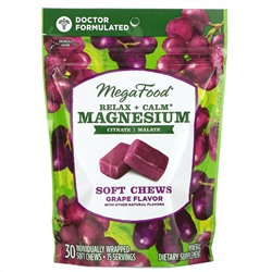 MegaFood, жевательные таблетки с магнием для успокоения и расслабления, виноград, 30 жевательных таблеток в индивидуальной упаковке