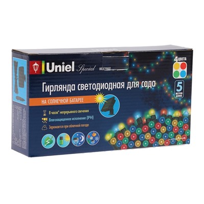 НИТЬ уличная на солн. бат. Uniel, "Milkyway", 5 м, IP44, 50 LED, 1 реж, МУЛЬТИ