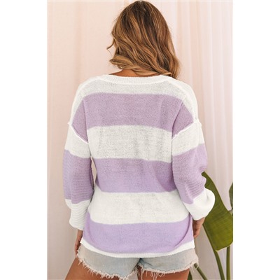 Pink Striped Knit Button Ribbed Split Neck Sweater