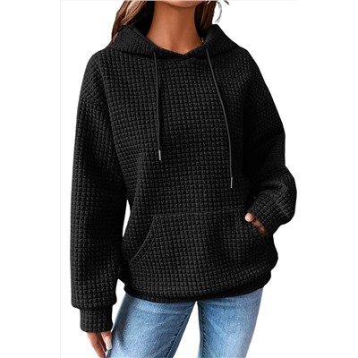 Black Lattice Textured Kangaroo Pocket Drawstring Hoodie