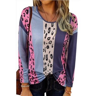 Color Block Leopard Long Sleeve Blouse