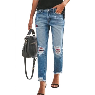 Голыбе рваные джинсы с заплатками в клетку в стиле пэчворк с потрепанными штанинами
