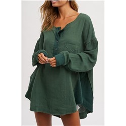 Green Textured Waffle Knit Patchwork Buttoned Neck Loose Blouse