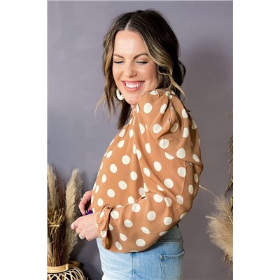 Khaki Plus Size Polka Dot Ruched Neckline Puff Sleeve Blouse