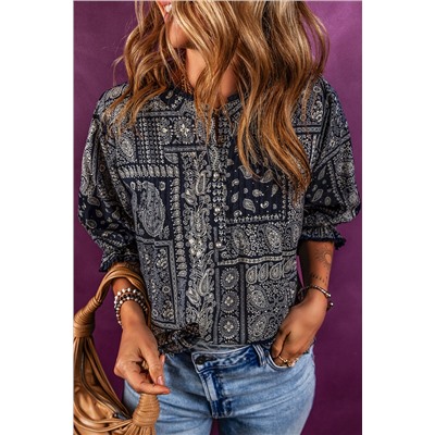 Navy Blue Vintage Boho Paisley Print 3/4 Sleeve Blouse