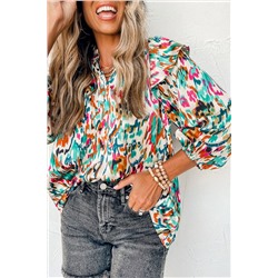 Multicolor Abstract Print 3/4 Puff Sleeve Ruffle Blouse