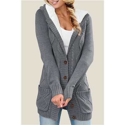 Серый вязаный свитер-кардиган с карманами и капюшоном из шерпы