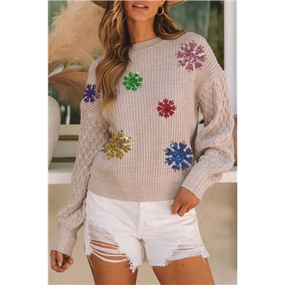 Parchment Snowflake Bishop Sleeve Drop Shoulder Sweater